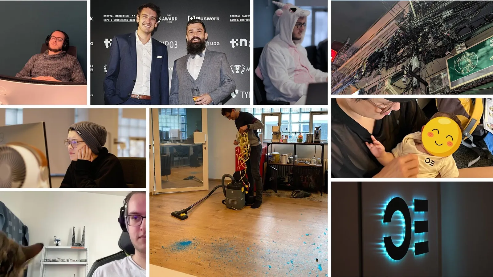 Eine Collage von Bildern aus Ops One's 2024: Schlafender David, Andri und Martin im Anzug, David als Einhorn, Markus am Konfetti saugen, Baby im Ops-One-Strampler, Katze im Videocall