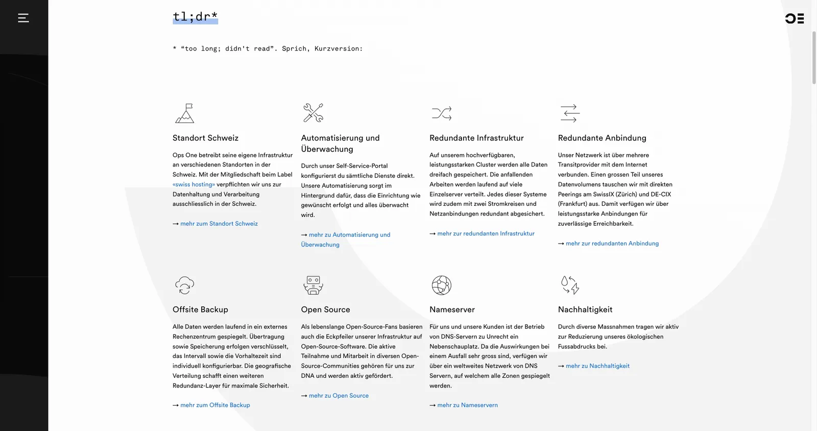 Screenshot der Seite https://opsone.ch/de/fakten/infrastruktur