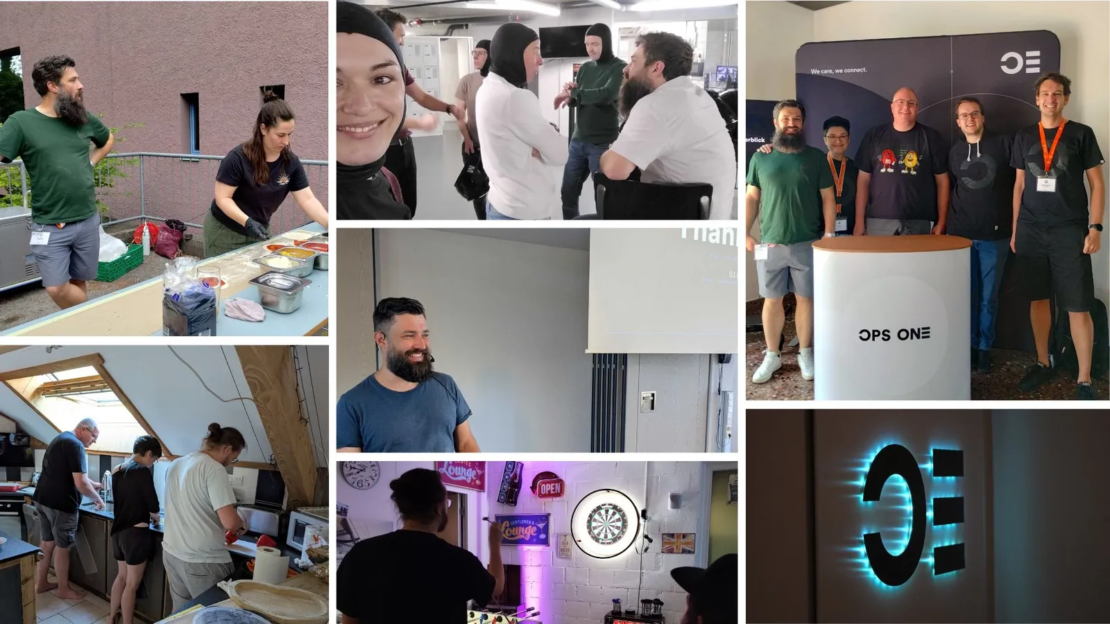 Collage mit Bildern aus Ops One's 2025: Andri am TYPO3 Barcamp am Pizza machen, Sereina und Team beim Kartfahren, ganzes Team am TYPO3 Barcamp, drei Teammitglieder am Kochen während der Retraite, Andri an einem Vortrag, David beim Dart spielen