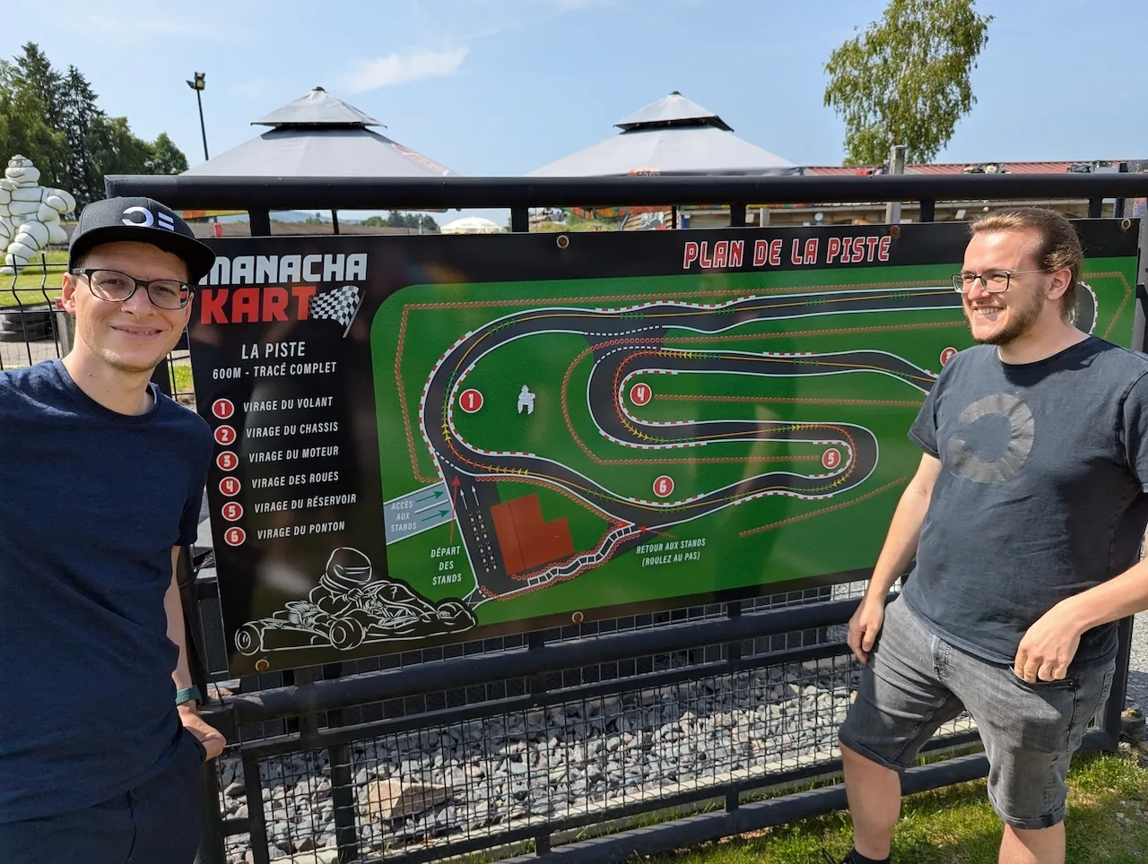 David und Markus lachend vor einem Plan der Kart-Strecke.