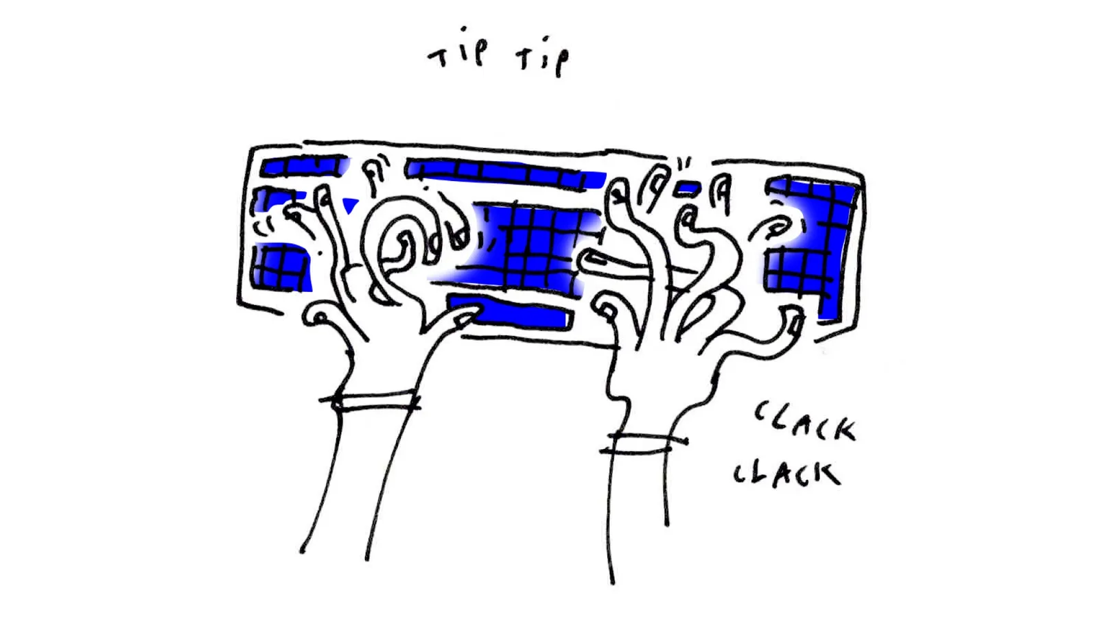 Stilisierte Darstellung eines Computer-Keyboards, auf dem zwei Hände wild tippen.