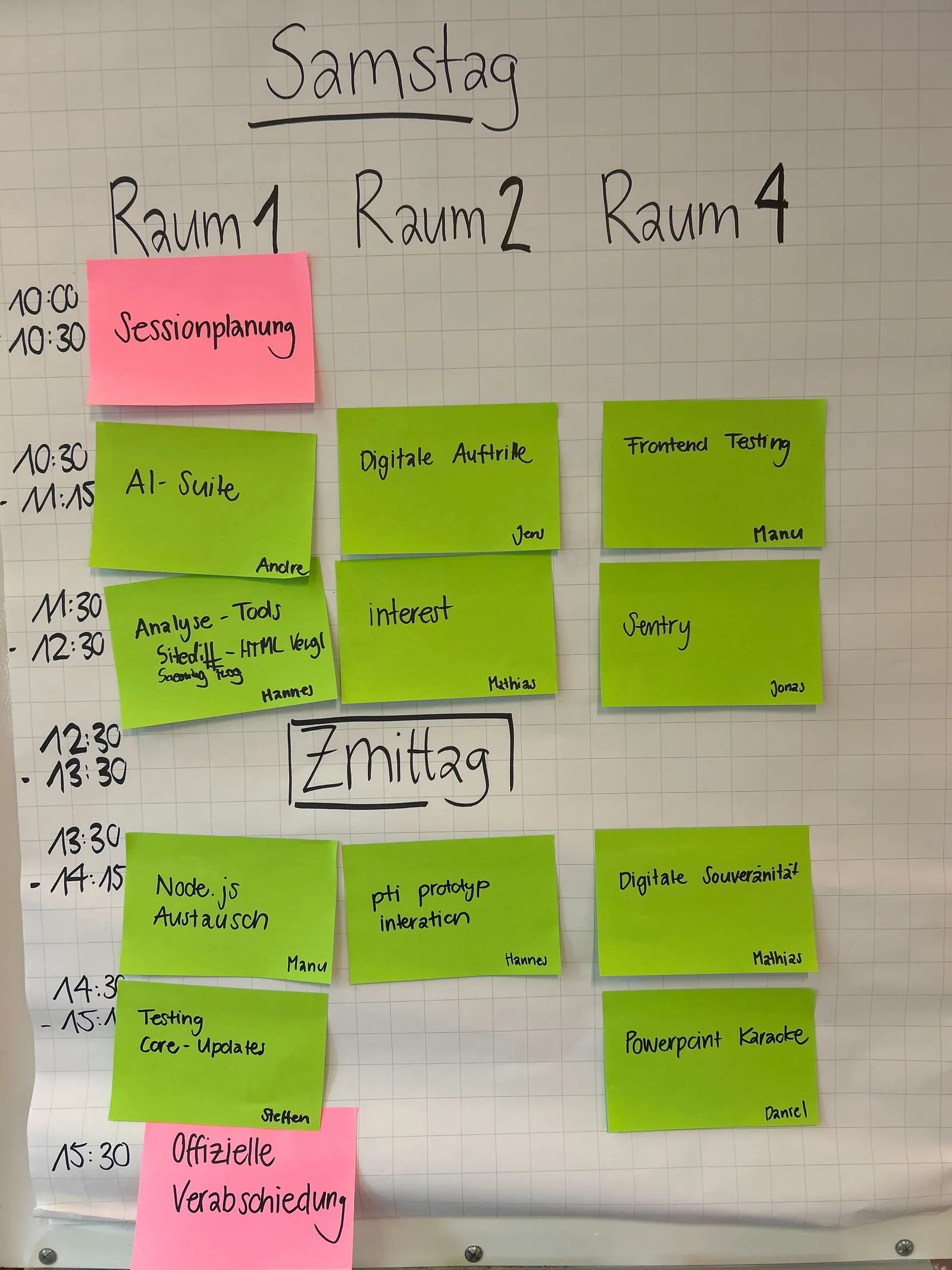 Stundenplan der Sessionplanung vom Samstag, Themen: AI Suite, Digitale Auftritte, Frontend Testing, Analyse-Tools (sitediff, screaming frog), interest, Sentry, Node.js-Austausch, pti Prototyp-Interaktion, Digitale Souveränität, Testing Core Updates, Powerpoint-Karaoke