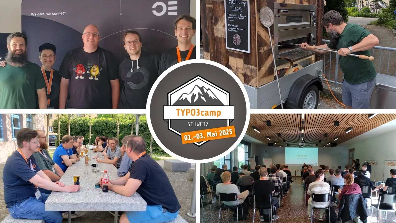 Bildercollage vom Schweizer TYPO3 Barcamp 2025: oben links Teamfoto Ops One, oben rechts Andri beim Pizzabacken, unten links lange, vollbesetzte Tafel beim Abendessen, unten rechts volle Aula bei der Begrüssung