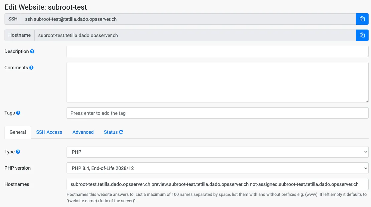 Eine Website für die Subroots wird in der Server-Managementoberfläche von Ops One erstellt.