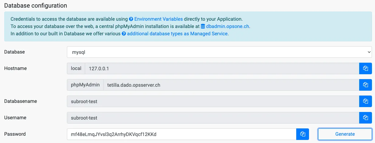 Die Datenbankkonfiguration der oben genannten Website in der Server-Managementoberfläche von Ops One