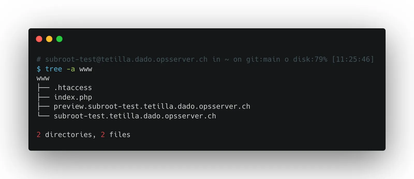Computerterminal, das durch den command tree die aktuelle Dateistruktur im www Verzeichnis anzeigt, inklusive der eben erstellten Ordner.