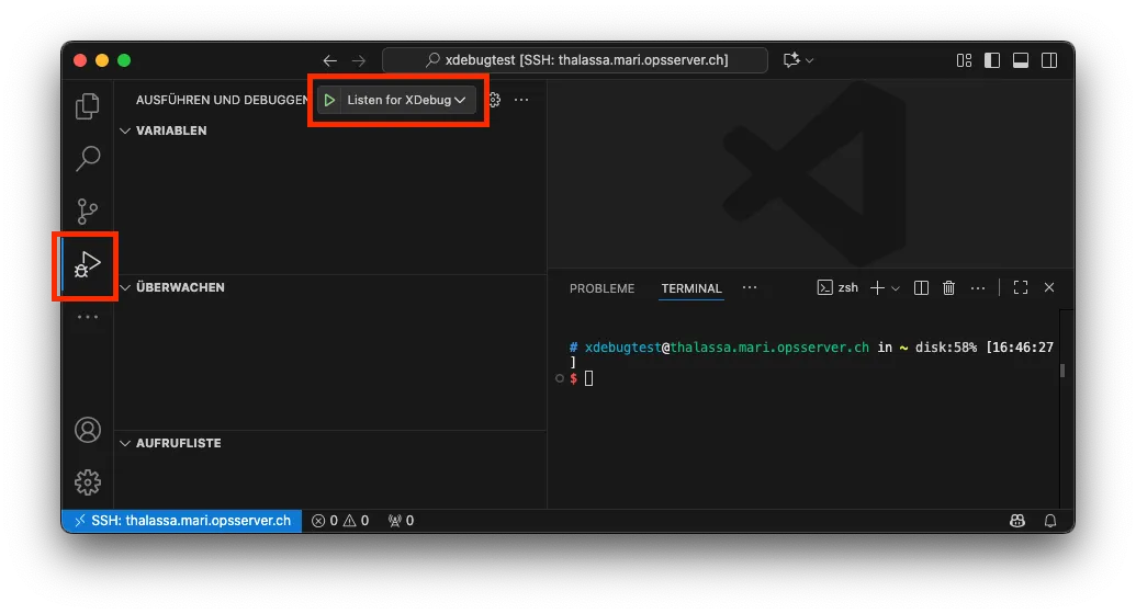 Screenshot: Xdebug im Debugging-Bereich von Visual Studio Code. Der Button "Listen for Xdebug" wurde farblich hervorgehoben.