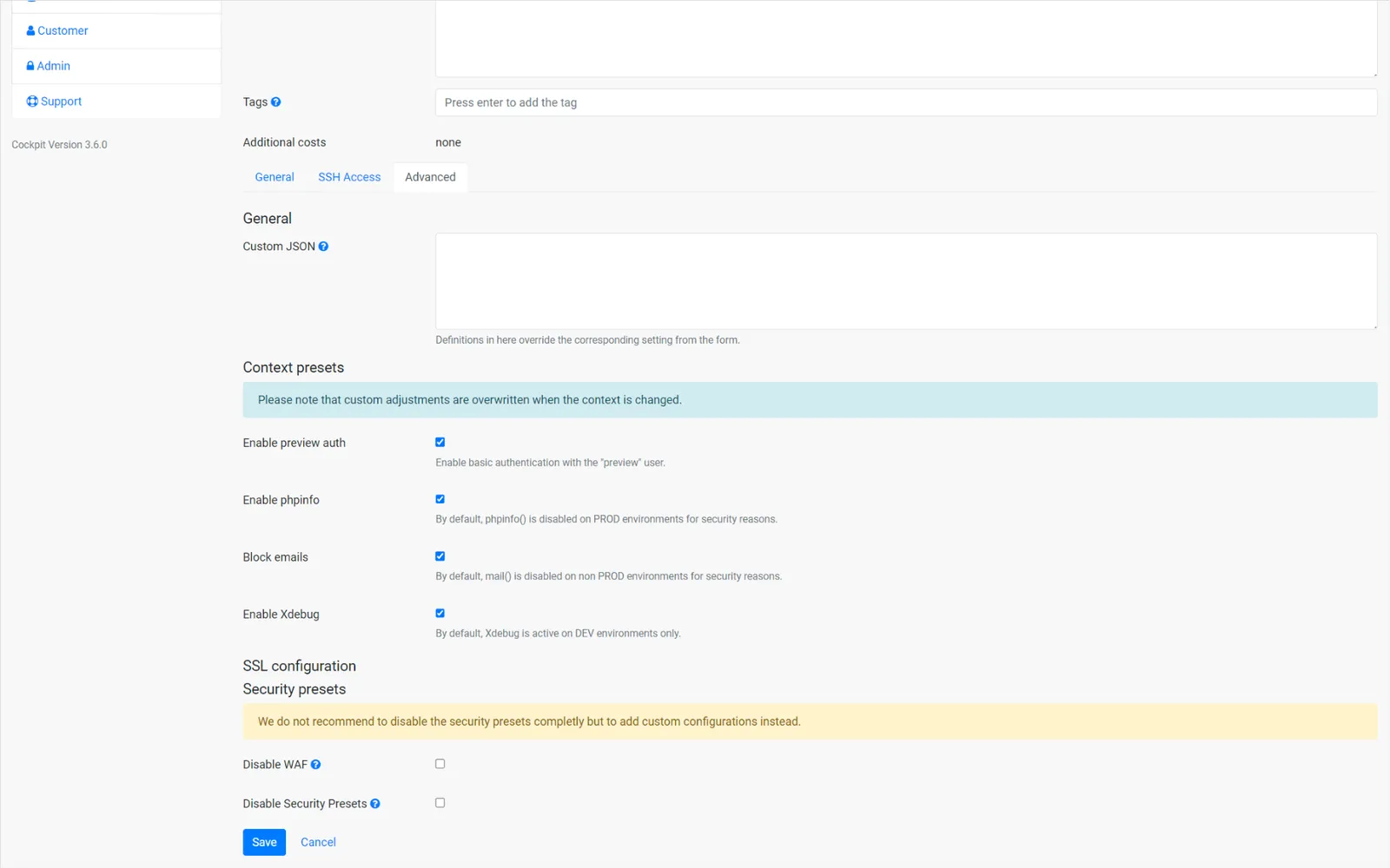 Eingabemaske Ops-One-Cockpit für erweiterte Optionen einer WordPress-Webseite