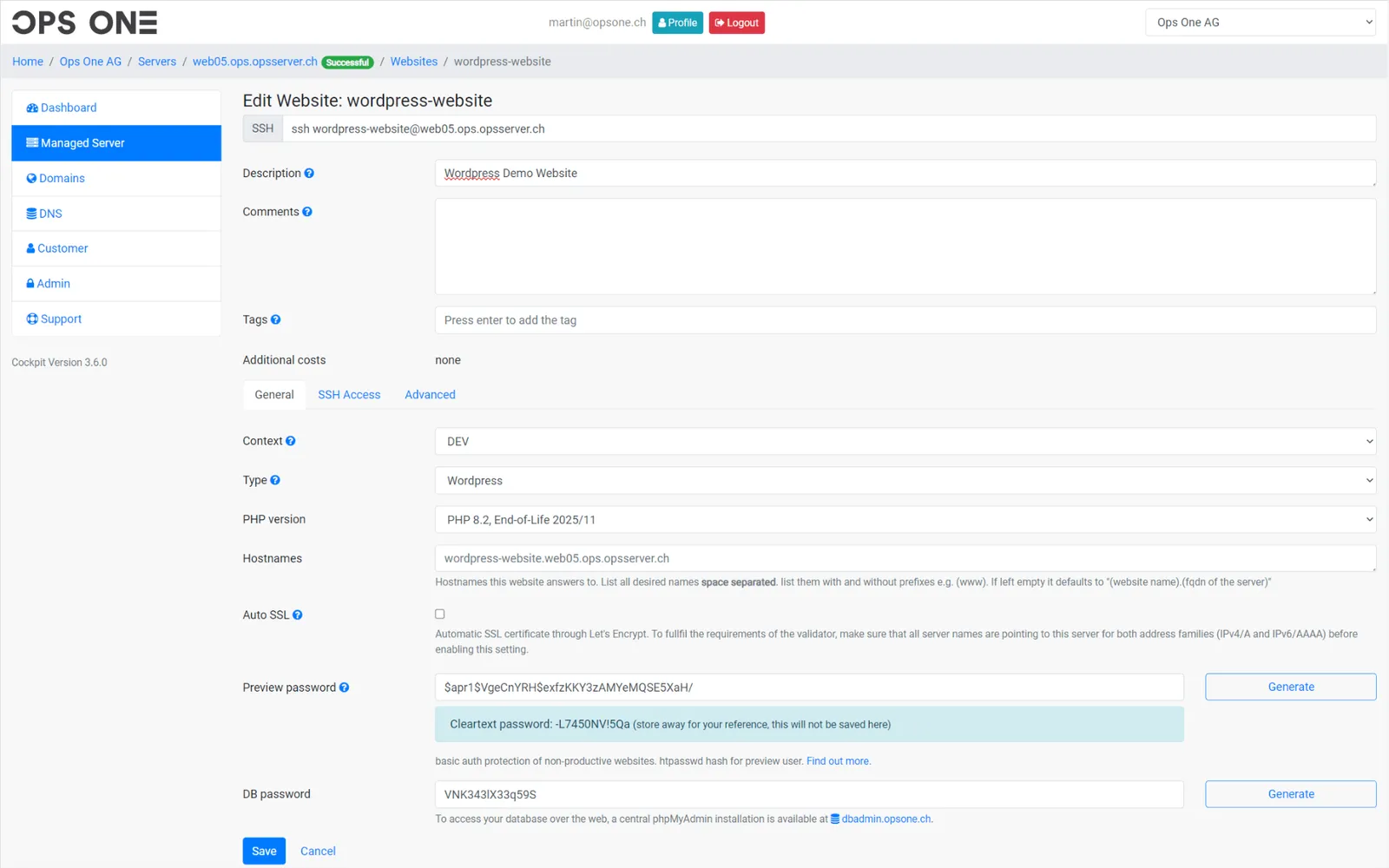 Eingabemaske Ops-One-Cockpit für Optionen einer WordPress-Webseite